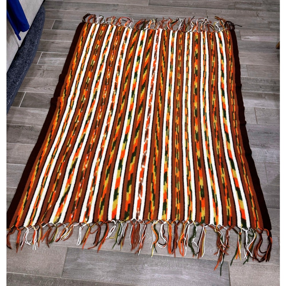 Handmade Crochet Afghan Blanket 60x76 Brown Orange Avocado Green Retro Boho